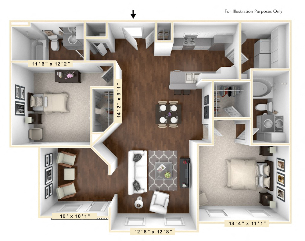 Floor plan for 2 beds, 2 baths, 1198 sqft